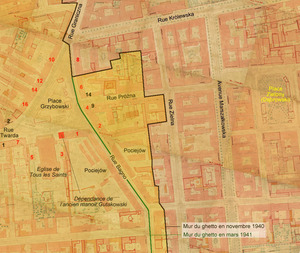 Topologie de la place Grzybowski durant la première moitié du XXème siècle et le tracé du ghetto - Cliquer pour agrandir