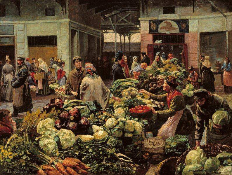 La halle Gościnny Dwór vue par Józef Pankiewicz 1888 - Au premier plan un couple de marchands de légumes juif. Au second plan un marchand juif en tablier, en arrière plan un juif près d'une boucherie. 